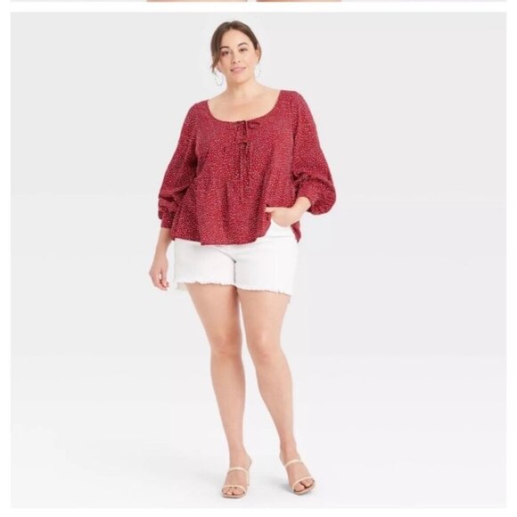 Ava & Viv Women’s Size 2X Red & White Babydoll Long Sleeve Blouse - Picture 3 of 8